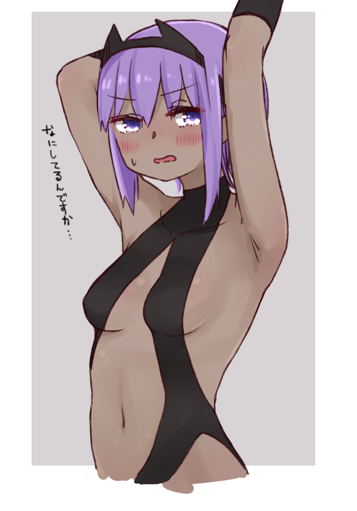 1girl arms_up bangs bare_shoulders black_leotard blush breasts center_opening collarbone covered_collarbone cropped_torso dark_skin eyebrows_visible_through_hair fate/prototype fate/prototype:_fragments_of_blue_and_silver fate_(series) grey_background hair_between_eyes hassan_of_serenity_(fate) i.u.y leotard medium_breasts navel parted_lips purple_hair solo sweat translation_request two-tone_background upper_body violet_eyes white_background