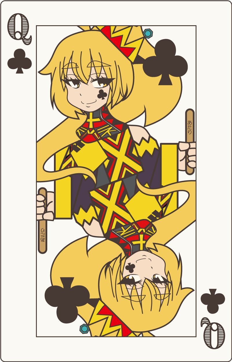 1girl akita_neru blonde_hair card club_(shape) crown eyebrows_visible_through_hair facial_tattoo half-closed_eyes highres holding_stick looking_at_viewer playing_card popsicle_stick queen_of_clubs reflection smile smith_hioka solo symmetry tattoo upper_body vocaloid white_background