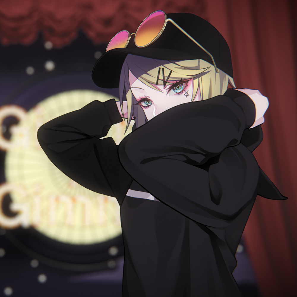 1girl bangs baseball_cap black_headwear black_hoodie blonde_hair blurry blurry_background covered_mouth curtains depth_of_field eyewear_on_headwear facial_mark gimmexgimme_(vocaloid) green_eyes hair_ornament hairclip hands_up hat hood hood_down hoodie kagamine_rin long_sleeves looking_at_viewer ram_(ramlabo) round_eyewear solo star sunglasses upper_body vocaloid