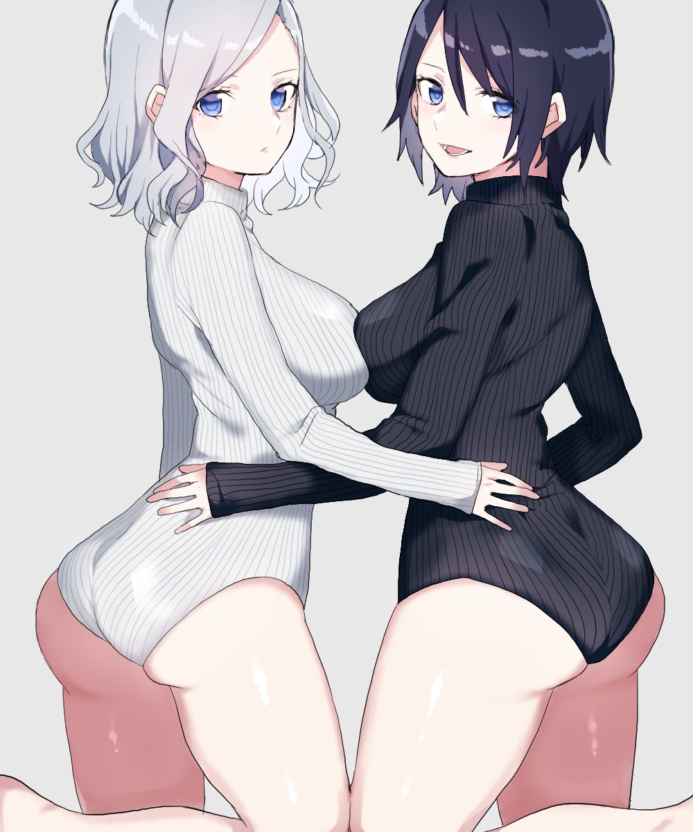 2girls :d ass asymmetrical_docking bare_legs black_hair black_leotard blue_eyes blush breast_press breasts closed_mouth commentary_request from_behind grey_background hand_on_another's_back highres impossible_clothes impossible_leotard kneeling large_breasts leotard long_sleeves looking_at_viewer looking_back mashiro_(rikuya) multiple_girls open_mouth original short_hair silver_hair simple_background sleeves_past_wrists smile striped striped_leotard vertical-striped_leotard vertical_stripes white_leotard