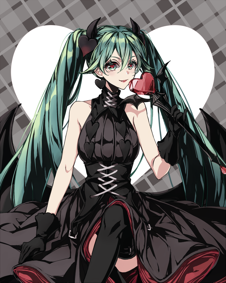 1girl absurdly_long_hair aqua_eyes aqua_hair black_dress black_gloves black_legwear bustier choker crossed_legs dress forever_7th_capital gloves hatsune_miku heart heart-shaped_pupils holding holding_staff long_dress long_hair looking_at_viewer mieux0_0 shiny shiny_hair sitting sleeveless sleeveless_dress smile solo staff symbol-shaped_pupils thigh-highs very_long_hair vocaloid