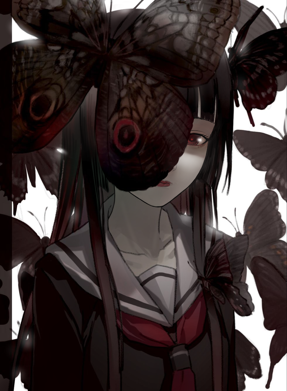 1girl bangs black_hair blunt_bangs bug butterfly closed_mouth collarbone enma_ai highres hime_cut insect jigoku_shoujo long_hair looking_at_viewer neckerchief piza_rokumai red_eyes red_lips red_neckwear sailor_collar school_uniform serafuku solo straight_hair upper_body white_background white_sailor_collar
