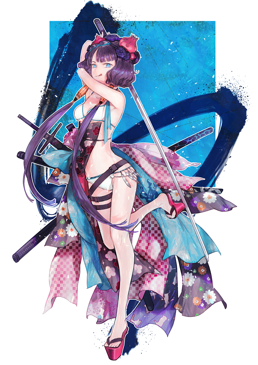 1girl bikini blue_eyes blush bracelet breasts calligraphy_brush fate_(series) floral_print goggles goggles_on_head hair_ornament highres holding japanese_clothes jewelry katana katsushika_hokusai_(fate/grand_order) katsushika_hokusai_(swimsuit_saber)_(fate) kimono leg_belt multiple_swords octopus paintbrush purple_hair swimsuit sword thigh_strap weapon white_bikini xero