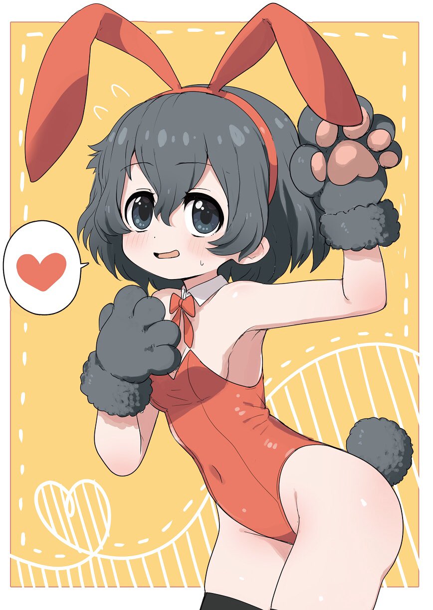 1girl animal_ears bare_shoulders black_hair black_legwear blue_eyes blush bow bowtie bunny_tail commentary_request cowboy_shot detached_collar eyebrows_visible_through_hair fake_animal_ears flying_sweatdrops gloves heart highres kaban_(kemono_friends) kemono_friends leotard no_hat no_headwear orange_background paw_gloves paws rabbit_ears ransusan red_leotard red_neckwear short_hair simple_background sleeveless solo spoken_heart strapless strapless_leotard sweat tail thigh-highs