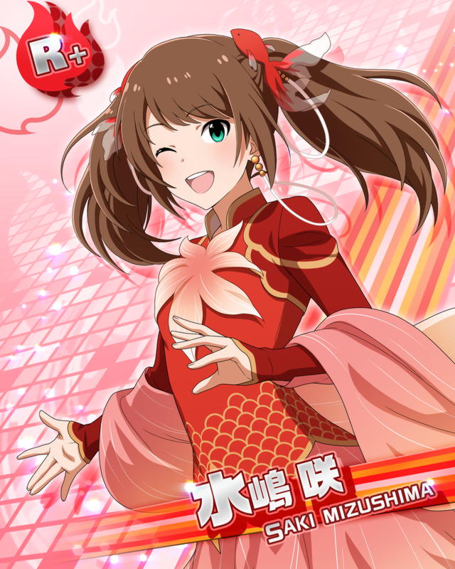 brown_hair character_name dress green_eyes idolmaster idolmaster_side-m long_hair mizushima_saki smile twintails wide_sleeves wink