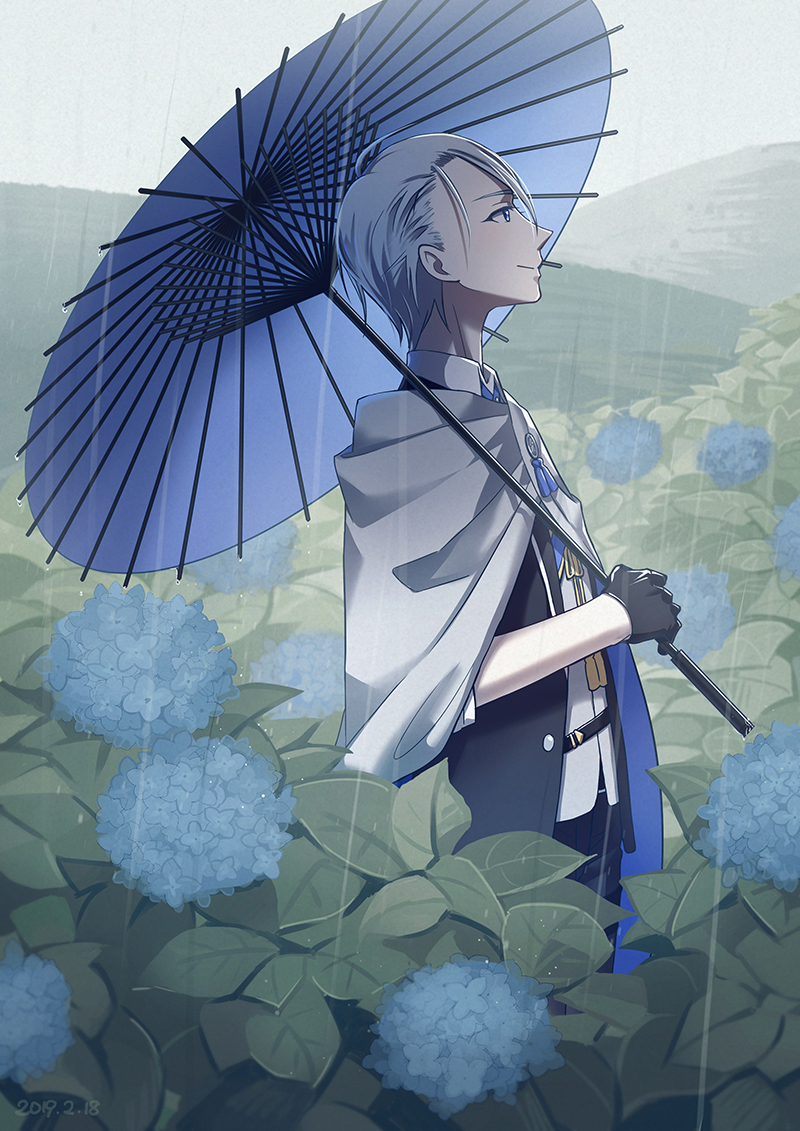 1boy black_gloves black_pants blue_eyes cape dated day flower gloves hydrangea looking_to_the_side male_focus oriental_umbrella outdoors over_shoulder pants rain silver_hair solo sorges standing touken_ranbu umbrella yamanbagiri_chougi