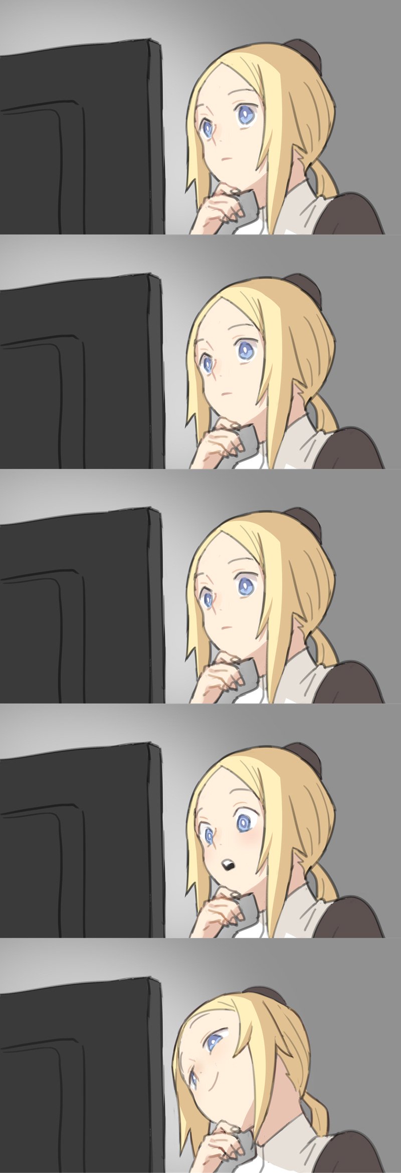 1girl blonde_hair blue_eyes blush closed_mouth commentary_request grey_background hand_on_own_chin hat head_tilt highres keemu_(occhoko-cho) mini_hat monitor original ponytail simple_background smile solo