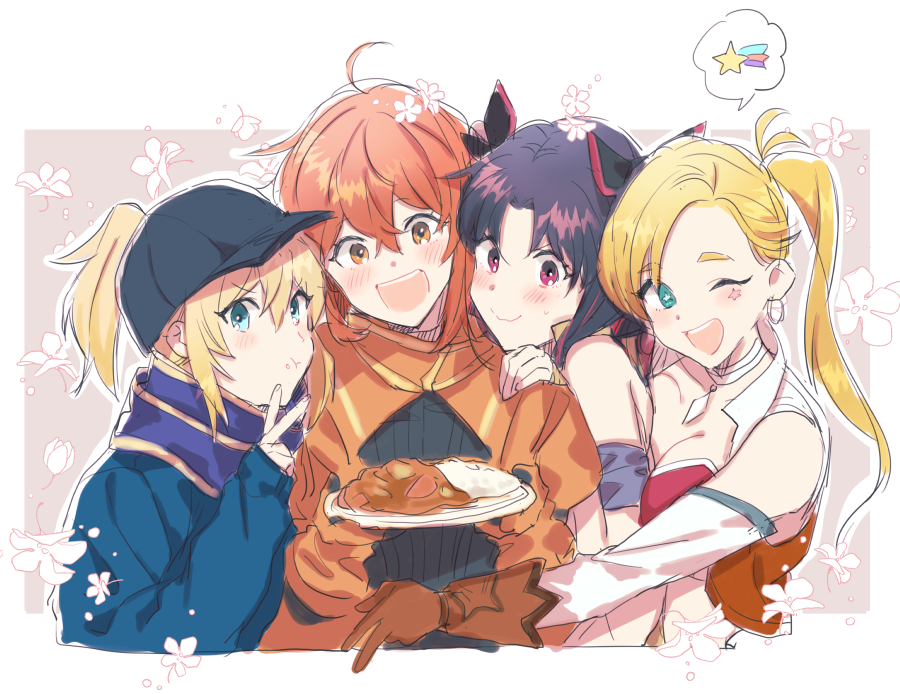 4girls ahoge artoria_pendragon_(all) baseball_cap black_hair blonde_hair blue_eyes calamity_jane_(fate/grand_order) curry curry_rice eating fate/grand_order fate_(series) flower food fujimaru_ritsuka_(female) full_mouth gloves hat multiple_girls mysterious_heroine_x one_eye_closed orange_eyes orange_hair plate ponytail red_eyes rice scarf side_ponytail space_ishtar_(fate) spacesuit twintails v wani_(mezo)