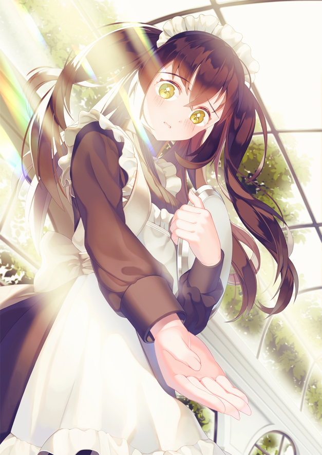 1girl 716qpmayo apron black_hair day glint holding holding_tray indoors long_hair looking_at_viewer maid outstretched_hand sunlight tray twintails very_long_hair yellow_eyes