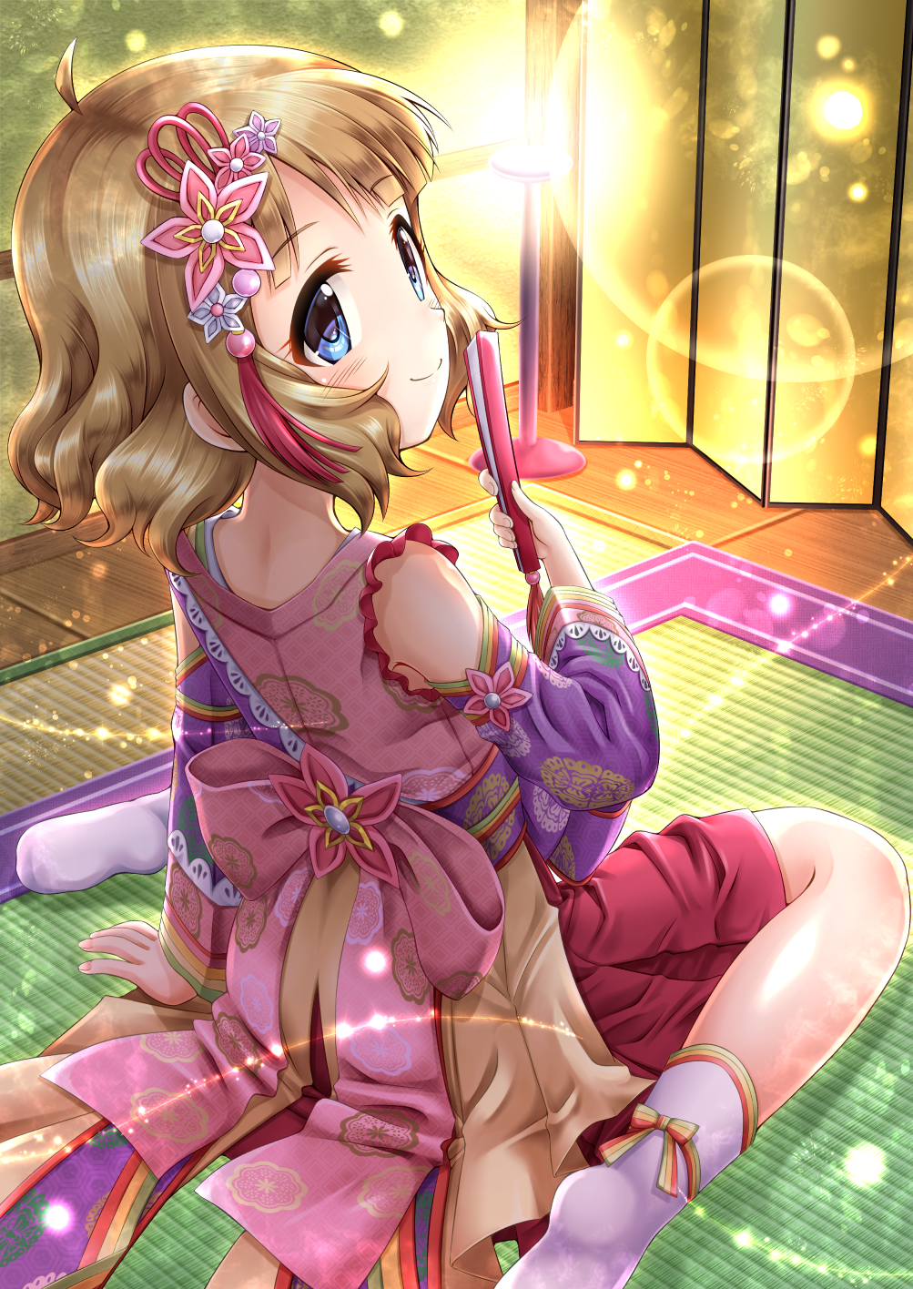 1girl ahoge bangs bare_shoulders blue_eyes blush brown_hair closed_fan closed_mouth commentary_request detached_sleeves eyebrows_visible_through_hair fan folding_fan hair_ornament highres holding holding_fan idolmaster idolmaster_million_live! idolmaster_million_live!_theater_days lantern long_sleeves looking_away looking_to_the_side no_shoes pleated_skirt purple_legwear purple_sleeves red_skirt regular_mow skirt sleeveless smile socks soles solo suou_momoko