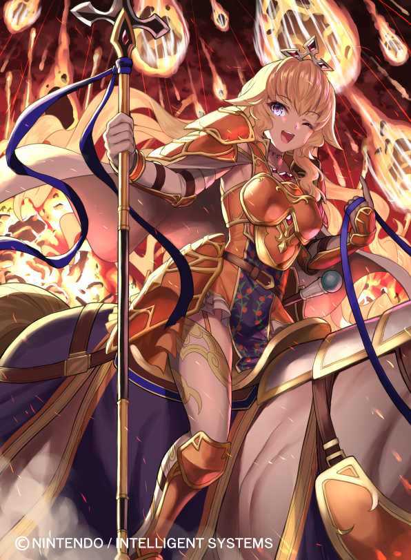 1girl alice_(fire_emblem) armor blonde_hair capelet commentary_request company_name copyright_name fire_emblem fire_emblem_cipher gloves holding holding_staff horse horseback_riding kousei_horiguchi long_hair meteor meteor_shower official_art one_eye_closed open_mouth riding solo staff violet_eyes white_gloves