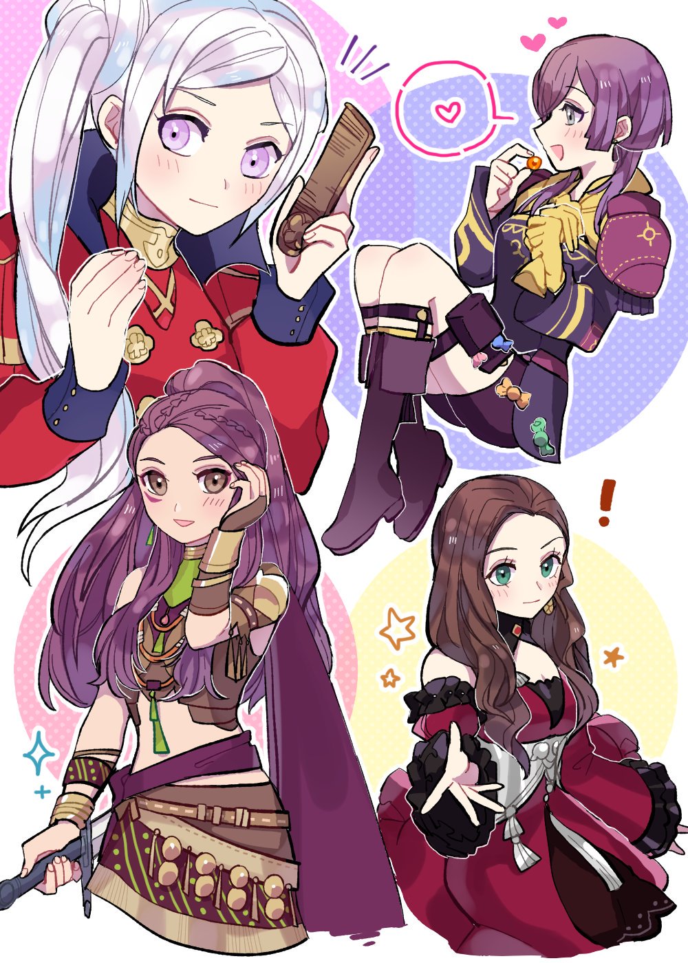 4girls ararecoa bernadetta_von_varley bike_shorts blonde_hair boots bracelet brown_hair candy closed_mouth comb dorothea_arnault dress earrings eating edelgard_von_hresvelg facial_mark fire_emblem fire_emblem:_three_houses food gloves highres holding holding_sword holding_weapon jewelry knee_boots long_hair long_sleeves multiple_girls open_mouth petra_macneary ponytail purple_hair short_dress simple_background sword violet_eyes weapon yellow_gloves