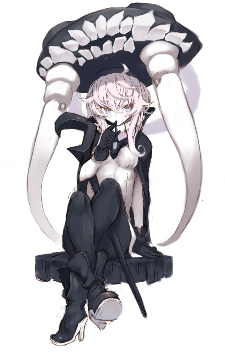 1girl arm_support black_cape black_footwear black_gloves black_headwear black_legwear blue_eyes boots breasts cane cape crossed_legs gloves goekawa grey_hair hat highres kantai_collection leotard long_hair medium_breasts pale_skin pantyhose shinkaisei-kan shoe_soles sitting solo tentacles white_background white_leotard wo-class_aircraft_carrier