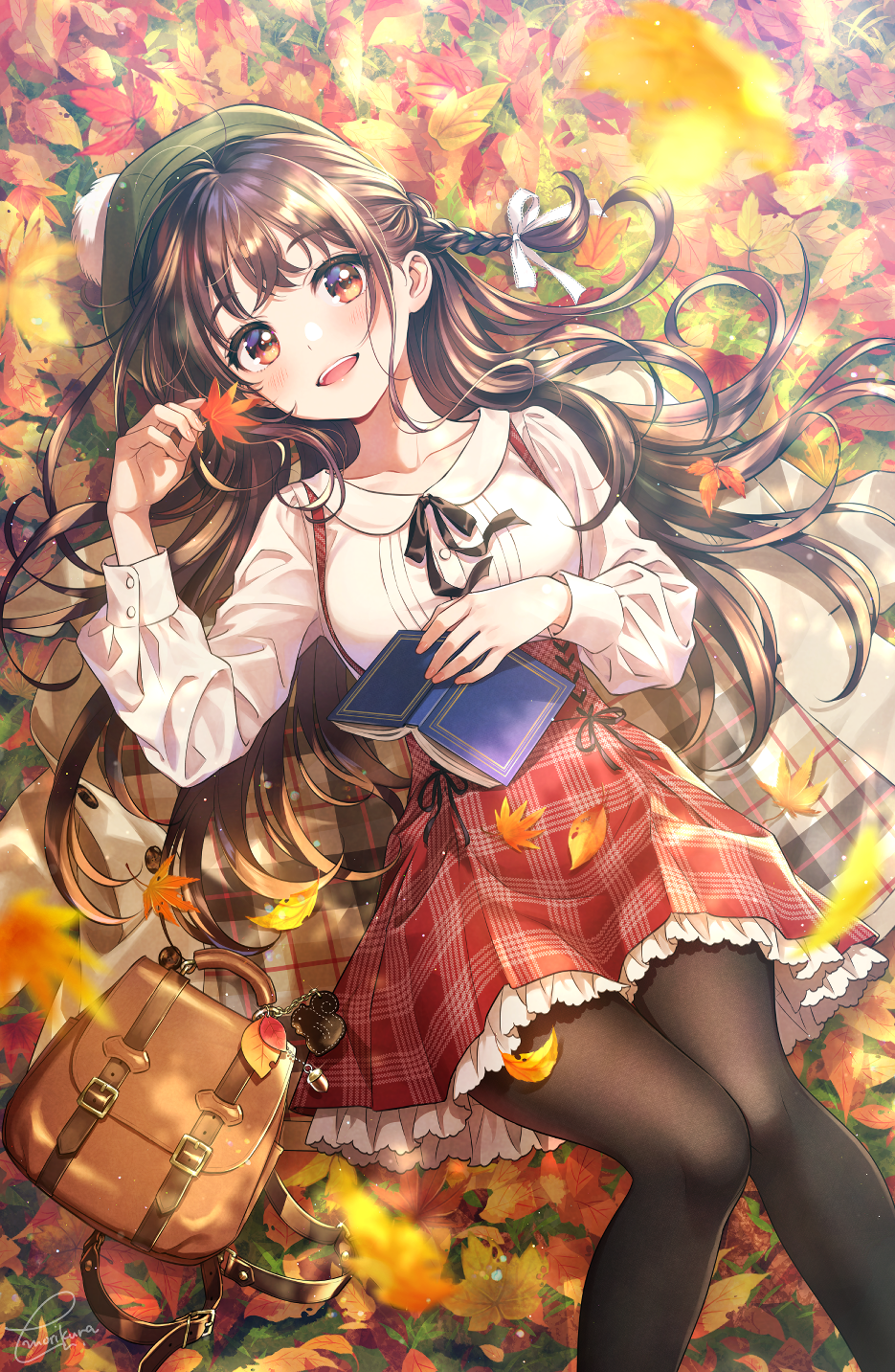 1girl :d :s autumn autumn_leaves bag bag_charm bangs black_legwear blush book braid brown_coat brown_eyes brown_hair charm_(object) coat collarbone commentary_request day eyebrows_visible_through_hair falling_leaves feet_out_of_frame frilled_skirt frills from_above green_headwear hair_ribbon handbag high-waist_skirt highres holding holding_leaf knees_up leaf long_hair long_sleeves looking_at_viewer lying maple_leaf morikura_en motion_blur on_back on_ground open_book open_clothes open_coat open_mouth original outdoors pantyhose plaid plaid_skirt red_skirt ribbon shirt side_braid signature skirt smile solo suspender_skirt suspenders tam_o'_shanter very_long_hair white_ribbon white_shirt