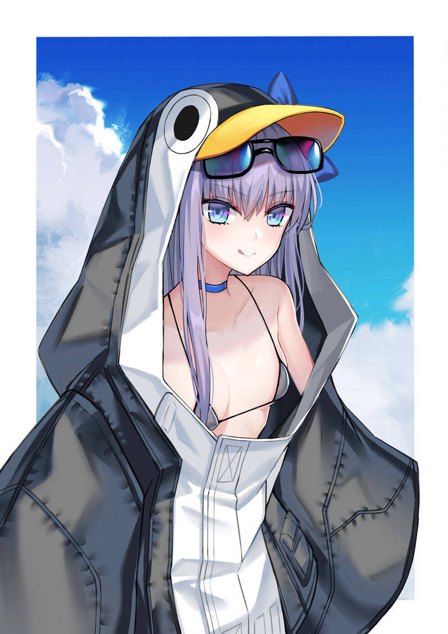 1girl :q animal_hood bangs bikini bikini_under_clothes black_jacket blue_choker blue_eyes blue_ribbon blue_sky blush breasts choker closed_mouth clouds collarbone commentary_request day eyebrows_visible_through_hair eyewear_on_head fate/grand_order fate_(series) grey_bikini hair_between_eyes highres hood hood_up hooded_jacket jacket long_hair long_sleeves meltryllis meltryllis_(swimsuit_lancer)_(fate) penguin_hood purple_hair qin ribbon sky sleeves_past_fingers sleeves_past_wrists small_breasts smile solo sunglasses swimsuit tongue tongue_out v-shaped_eyebrows wide_sleeves