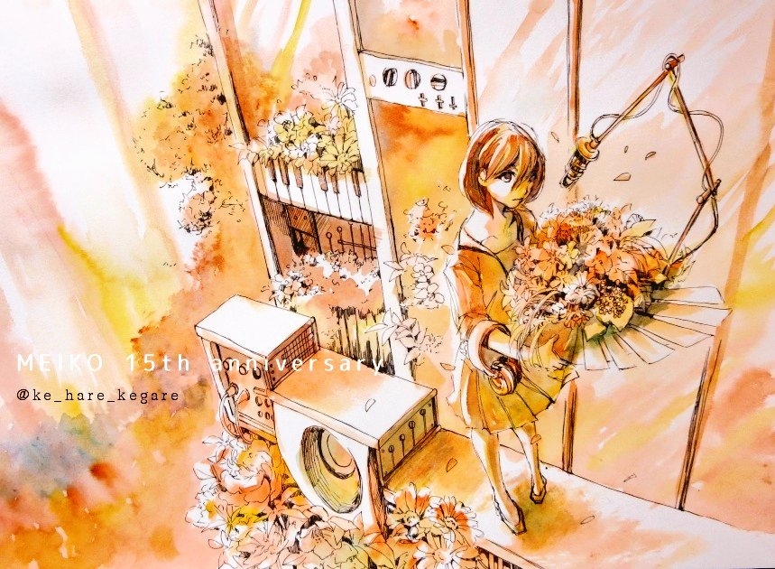 1girl anniversary audio_cable bouquet brown_hair character_name commentary dial dress expressionless flower from_above headphones headphones_around_arm holding holding_bouquet instrument jacket ke_hare_kegare keyboard_(instrument) meiko microphone petals short_hair solo speaker switch traditional_media twitter_username vocaloid watercolor_(medium) wide_shot