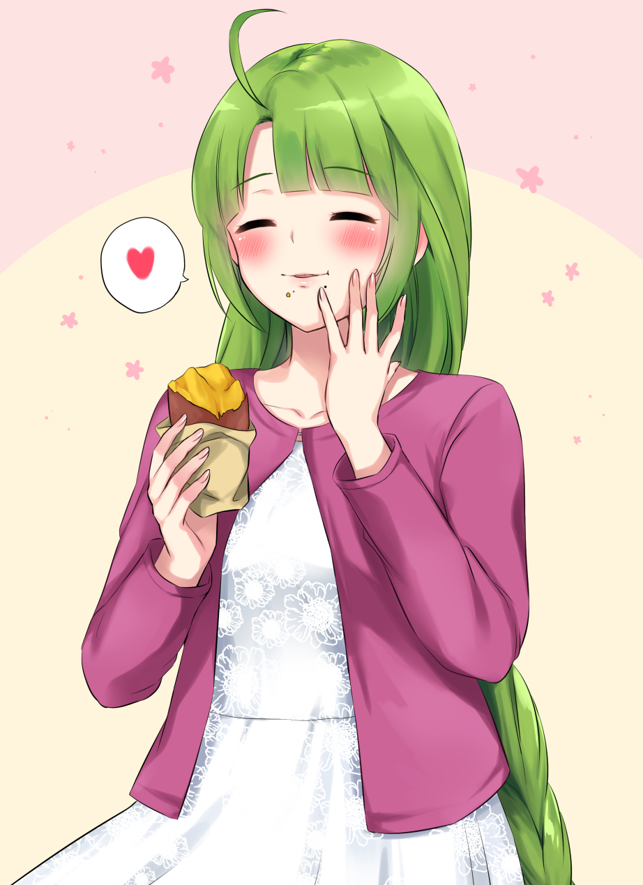 1girl ahoge bangs blunt_bangs blush braid closed_eyes collarbone dress eating eyebrows_visible_through_hair fingernails floral_print food food_on_face green_hair heart highres holding holding_food jacket kantai_collection lips long_hair long_sleeves mole mole_under_mouth nanashiki_fuuka purple_jacket single_braid solo spoken_heart sweet_potato very_long_hair white_dress yakiimo yuugumo_(kantai_collection)