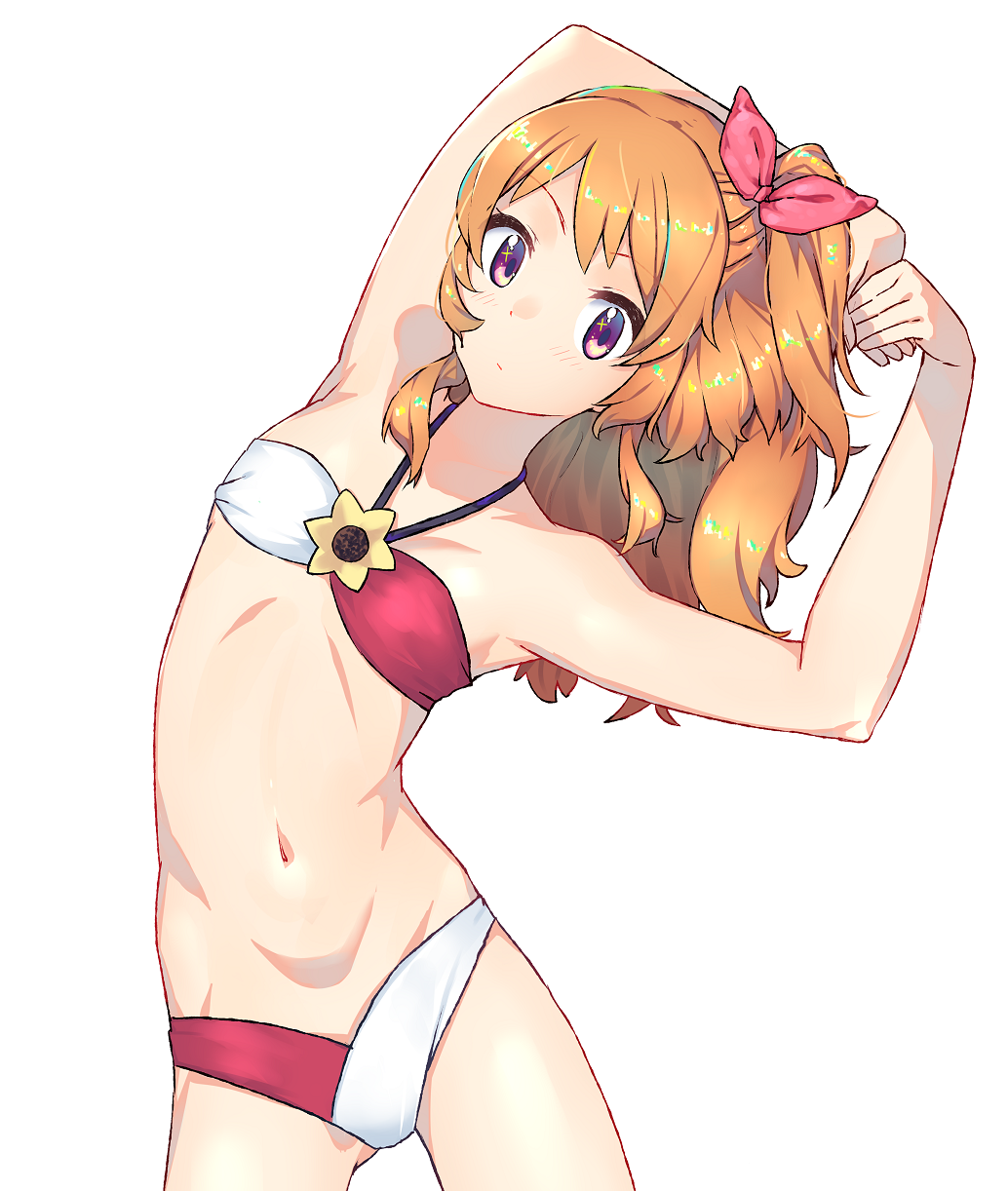 +_+ 1girl abs aikatsu! aikatsu!_(series) armpits arms_up bikini blush bow breasts commentary_request cowboy_shot eyebrows_visible_through_hair flower hair_bow halter_top halterneck highres long_hair looking_at_viewer navel one_side_up oozora_akari orange_hair pink_bow side_ponytail simple_background small_breasts solo stretch swimsuit toned tunamayochan violet_eyes white_background