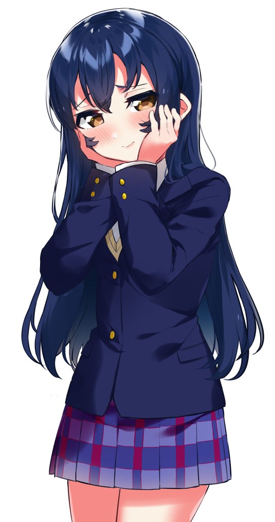 1girl bangs blazer blue_hair blush bow bowtie closed_mouth commentary_request cowboy_shot hair_between_eyes hands_on_own_cheeks hands_on_own_face jacket long_hair long_sleeves looking_at_viewer love_live! love_live!_school_idol_project otonokizaka_school_uniform red_neckwear school_uniform simple_background smile solo sonoda_umi standing striped totoki86 white_background yellow_eyes