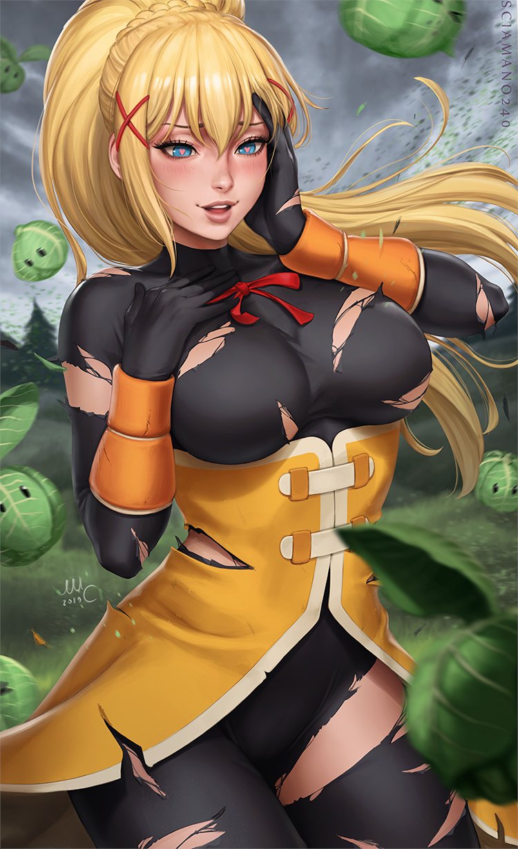 bangs black_bodysuit black_gloves blonde_hair blue_eyes blush bodystocking bodysuit breasts clouds cloudy_sky darkness_(konosuba) dress english_commentary gloves hair_ornament hand_on_own_cheek heart heart-shaped_pupils high_ponytail highres kono_subarashii_sekai_ni_shukufuku_wo! large_breasts open_mouth outdoors parted_lips ponytail sciamano240 sidelocks sky symbol-shaped_pupils torn_bodysuit torn_clothes torn_legwear x_hair_ornament yellow_dress