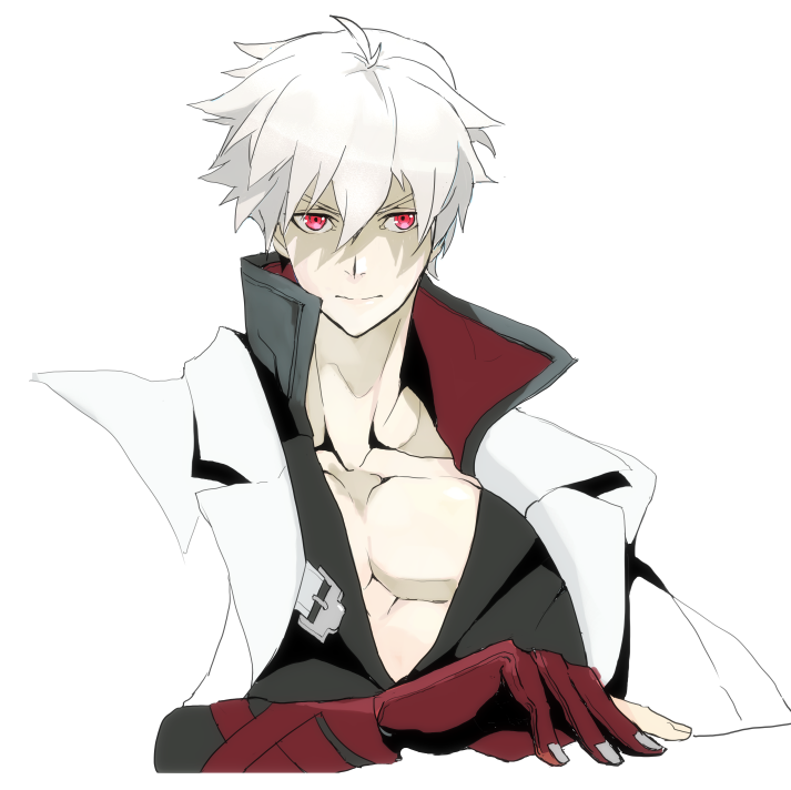 1boy ahoge alternate_color chest closed_mouth face fingerless_gloves gloves guilty_gear guilty_gear_2020 kishiro_yutaka ky_kiske male_focus red_eyes red_gloves shaded_face simple_background solo white_background white_hair