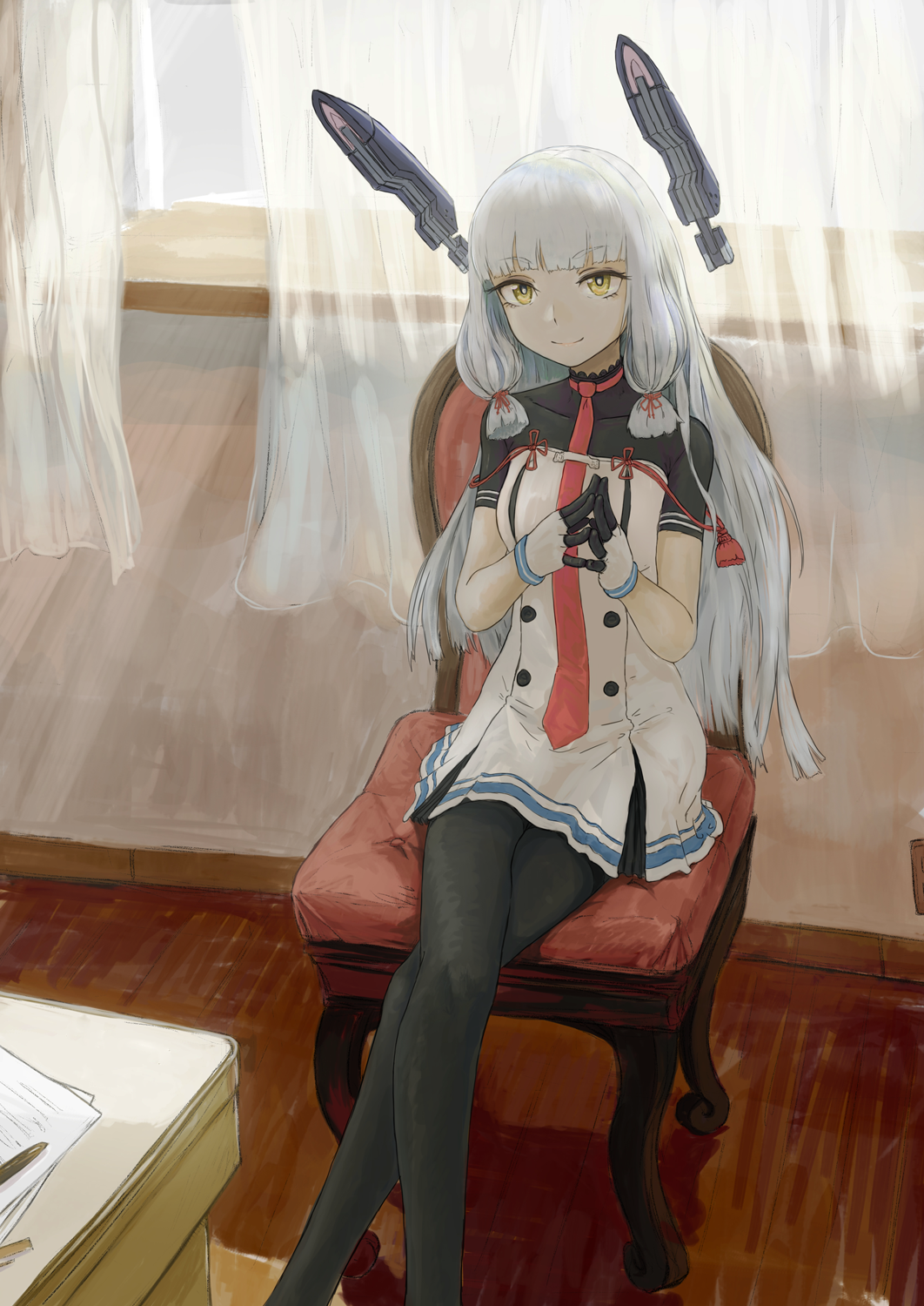 1girl artist_name bangs black_legwear blunt_bangs chair closed_mouth crossed_legs curtains desk dress eyebrows_visible_through_hair fingers_together gloves hair_ribbon headgear highres indoors kantai_collection long_hair murakumo_(kantai_collection) necktie nito_(nshtntr) pantyhose remodel_(kantai_collection) ribbon short_sleeves sidelocks silver_hair sitting smile solo tress_ribbon window yellow_eyes