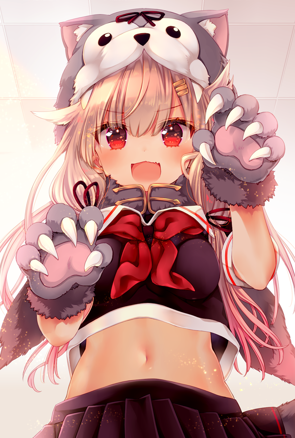 1girl :d black_serafuku black_shirt black_skirt blonde_hair blue_eyes blush breasts claw_pose claws commentary_request gloves gradient_hair grey_background grey_gloves hair_ornament hairclip hood hood_up kantai_collection long_hair looking_at_viewer low_twintails medium_breasts midriff multicolored_hair navel neckerchief nemuri_nemu open_mouth pink_hair pleated_skirt red_eyes red_neckwear remodel_(kantai_collection) school_uniform serafuku shirt short_sleeves skirt smile solo twintails v-shaped_eyebrows very_long_hair wolf_hood yuudachi_(kantai_collection)