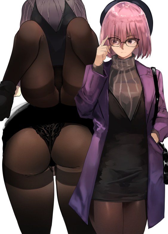 1girl ass bent_over beret black_dress black_footwear cafe_au_lait_(kafeore) commentary_request dress fate/grand_order fate_(series) glasses hat lace lace-trimmed_panties mash_kyrielight panties pantyhose pink_hair short_hair simple_background sitting spread_legs standing sweater underwear violet_eyes white_background