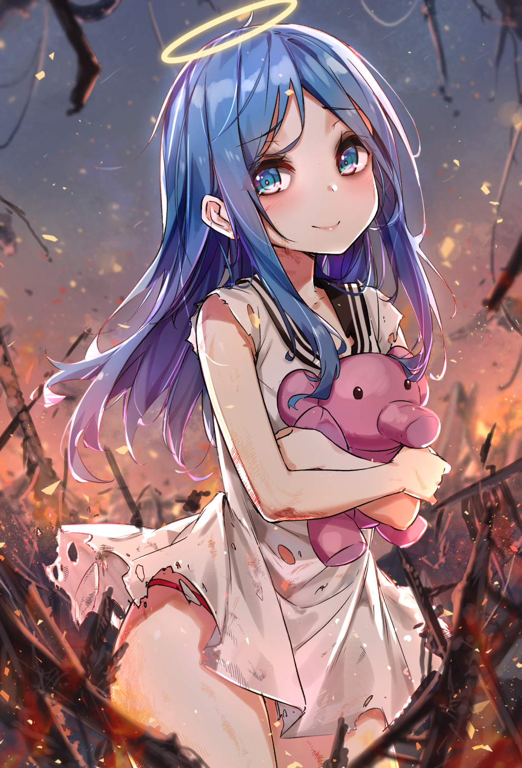 1girl black_sailor_collar blue_eyes blue_hair bruise dress eyebrows_visible_through_hair fire halo highres injury looking_at_viewer object_hug original panties red_panties ruins sailor_collar scratches short_dress solo stuffed_elephant torn_clothes torn_dress underwear wet.elephant white_dress