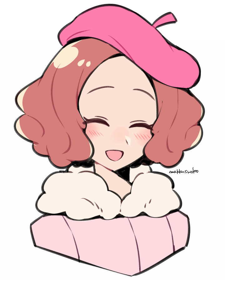 1girl artist_name atlus beret blush brown_hair commentary_request cute do_m_kaeru fur_trim hat megami_tensei moe okumura_haru persona persona_5 persona_5_the_royal pink_sweater portrait ribbed_sweater solo sweater