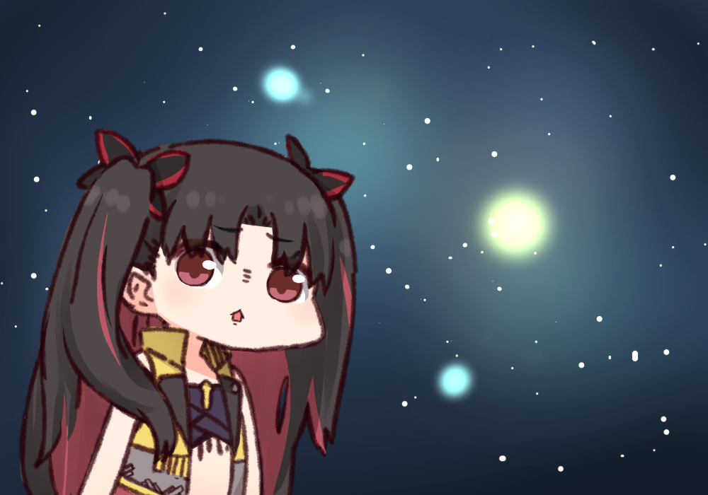 1girl bangs bare_arms bare_shoulders black_hair chibi crop_top eyebrows_visible_through_hair fate/grand_order fate_(series) hair_ornament i.u.y ishtar_(fate/grand_order) long_hair multicolored_hair open_clothes open_vest parted_bangs parted_lips red_eyes redhead solo space_ishtar_(fate) star_(sky) two-tone_hair two_side_up upper_body very_long_hair vest yellow_vest