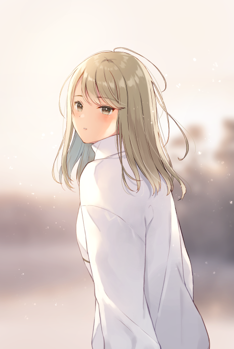 1girl bangs blurry blurry_background blush brown_eyes brown_hair commentary_request depth_of_field eyebrows_visible_through_hair long_hair looking_at_viewer looking_to_the_side noda_shuha original parted_lips shirt solo turtleneck upper_body white_shirt