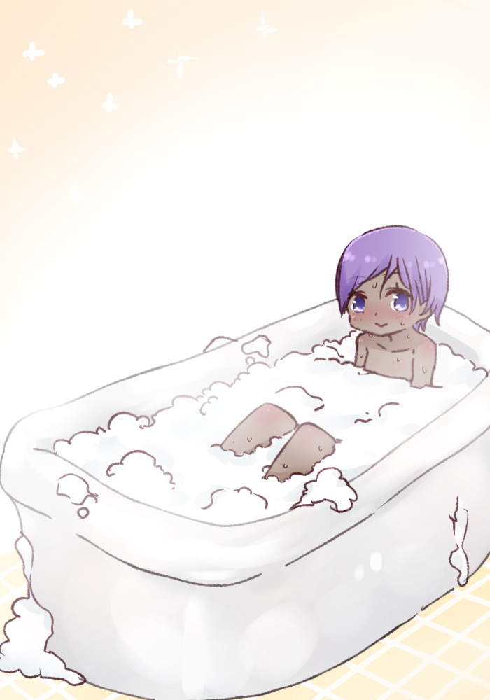 1girl bangs bath bathing bathtub blush closed_mouth collarbone dark_skin eyebrows_visible_through_hair fate/prototype fate/prototype:_fragments_of_blue_and_silver fate_(series) hassan_of_serenity_(fate) i.u.y nose_blush nude purple_hair soap_bubbles solo tile_floor tiles violet_eyes