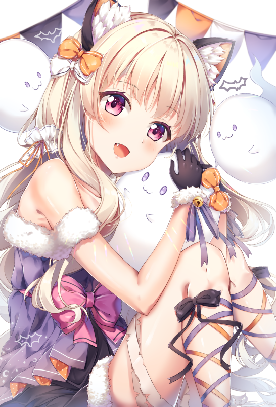 1girl :d animal_ear_fluff animal_ears bare_shoulders black_bow black_dress black_gloves blush bow collarbone commentary_request dress fang fur-trimmed_gloves fur_trim ghost gloves hair_bow halloween hug leg_ribbon light_brown_hair long_hair open_mouth orange_bow orange_ribbon original pennant pink_bow purple_dress purple_ribbon ribbon smile solo string_of_flags torokeru_none violet_eyes white_background white_bow