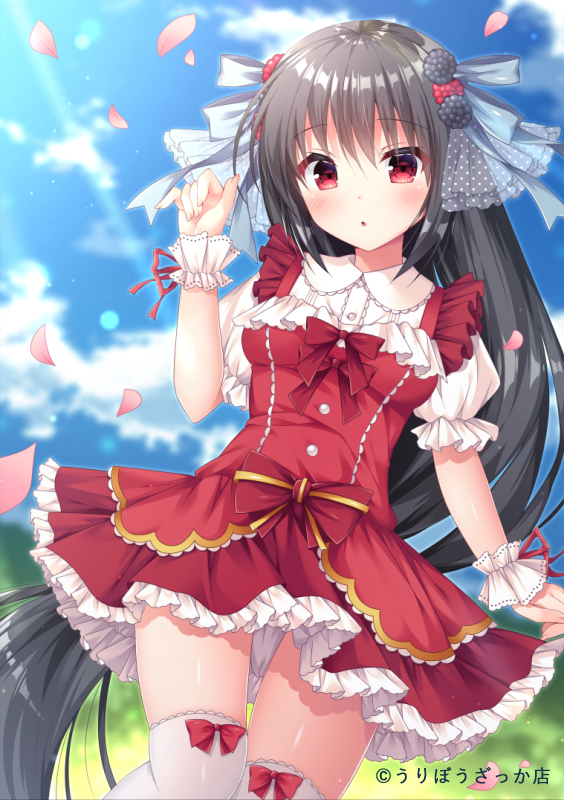 1girl :o bangs black_hair blackberry-chan blackberry_hair_ornament blue_sky blurry blurry_background blush bow clouds cloudy_sky collared_shirt commentary_request day depth_of_field dress dress_shirt eyebrows_visible_through_hair food_themed_hair_ornament frilled_dress frills fujikura_ryuune hair_between_eyes hair_ornament hand_up long_hair looking_at_viewer official_art original outdoors parted_lips petals puffy_short_sleeves puffy_sleeves raspberry_hair_ornament red_bow red_dress red_eyes see-through shirt short_sleeves sky solo thigh-highs very_long_hair white_legwear white_shirt wrist_cuffs