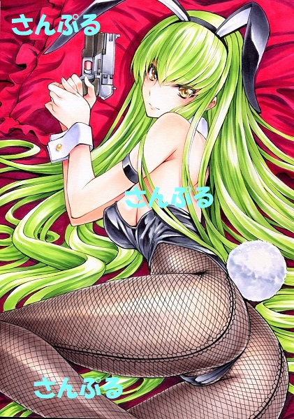 1girl animal_ears armlet bangs bed_sheet black_hairband black_leotard breasts bunny_girl bunny_tail bunnysuit c.c. closed_mouth code_geass eyebrows_visible_through_hair fake_animal_ears fake_tail fishnet_pantyhose fishnets frilled_pillow frills green_hair gun hair_between_eyes hairband highleg highleg_leotard holding holding_gun holding_weapon large_breasts leotard long_hair looking_at_viewer lying marker_(medium) on_side pantyhose pillow rabbit_ears red_pillow sample shiny shiny_hair sideboob solo tail traditional_media very_long_hair watermark weapon wrist_cuffs yellow_eyes yqgkg
