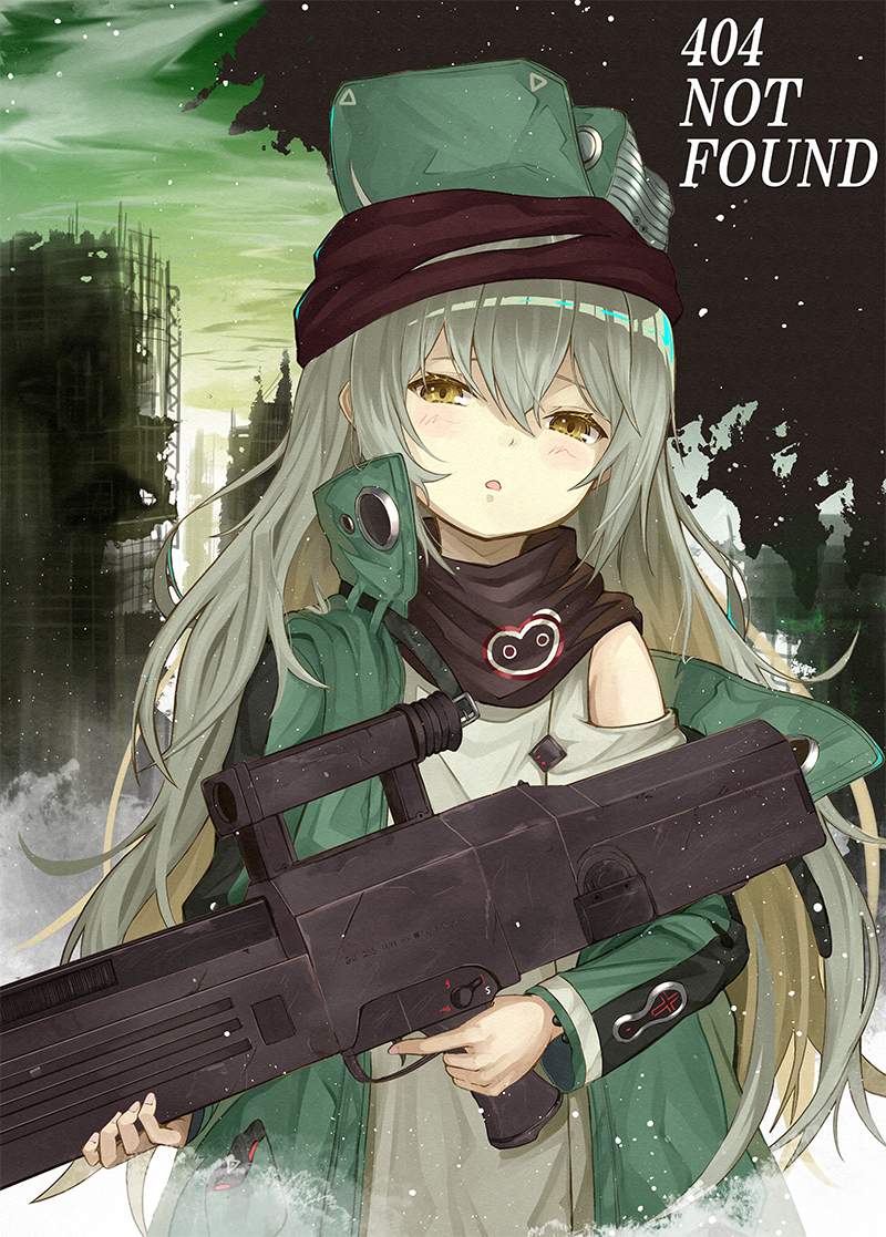1girl assault_rifle blue_hair blush brown_eyes coat commentary_request d: english_text g11_(girls_frontline) girls_frontline green_coat green_hair gun h&amp;k_g11 hair_between_eyes head_tilt holding holding_gun holding_weapon long_hair looking_at_viewer numazume off_shoulder open_clothes open_coat open_mouth outdoors parted_lips rifle ruins sky solo very_long_hair weapon