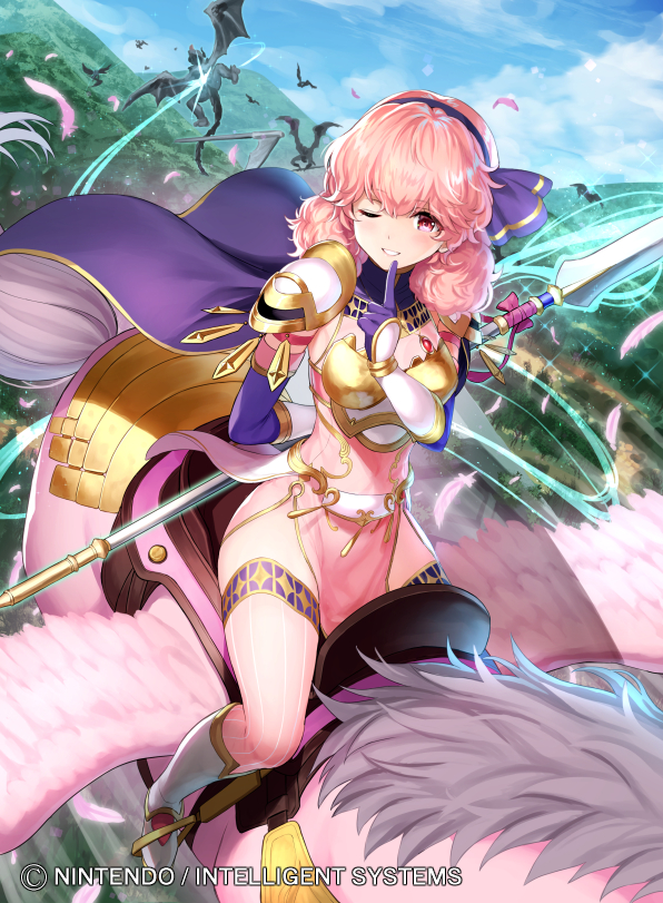 1girl alternate_costume armored_boots bat_wings boots breastplate cape commentary_request curly_hair day faceless feathered_wings fire_emblem fire_emblem_cipher fire_emblem_echoes:_shadows_of_valentia genny_(fire_emblem) gloves hairband kousei_horiguchi official_art one_eye_closed pegasus pegasus_knight pink_eyes pink_hair polearm sky sparkle spear teeth thigh-highs weapon wings