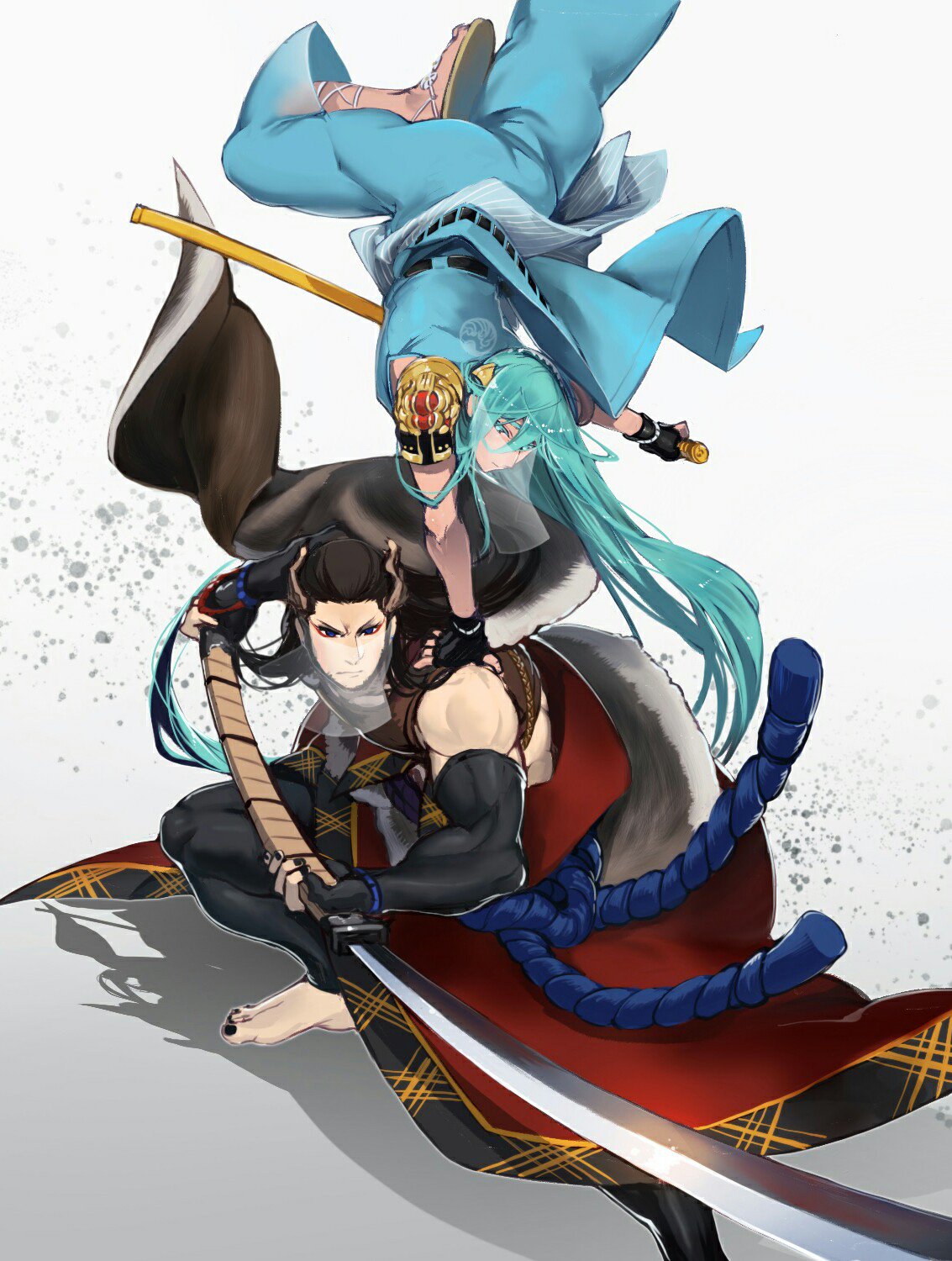 2boys aqua_eyes aqua_hair barefoot beard black_hair blue_eyes chiyoganemaru closed_mouth detached_sleeves facial_hair fighting_stance highres holding holding_weapon japanese_clothes jip long_hair male_focus multiple_boys nenekirimaru polearm spear toenails touken_ranbu veil weapon yari