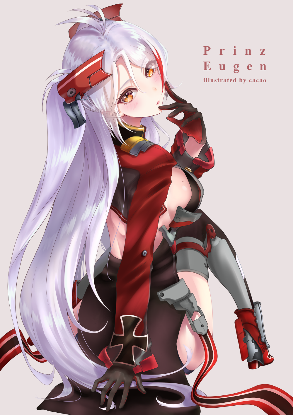 1girl antenna_hair ass azur_lane bangs blush breasts brown_eyes caocaogelato character_name eyebrows_visible_through_hair from_behind hair_between_eyes hand_up head_tilt headgear high_heels highres iron_cross large_breasts long_hair long_sleeves looking_at_viewer looking_back mole mole_on_breast multicolored_hair prinz_eugen_(azur_lane) redhead rudder_footwear silver_hair simple_background sitting smile solo streaked_hair two_side_up very_long_hair