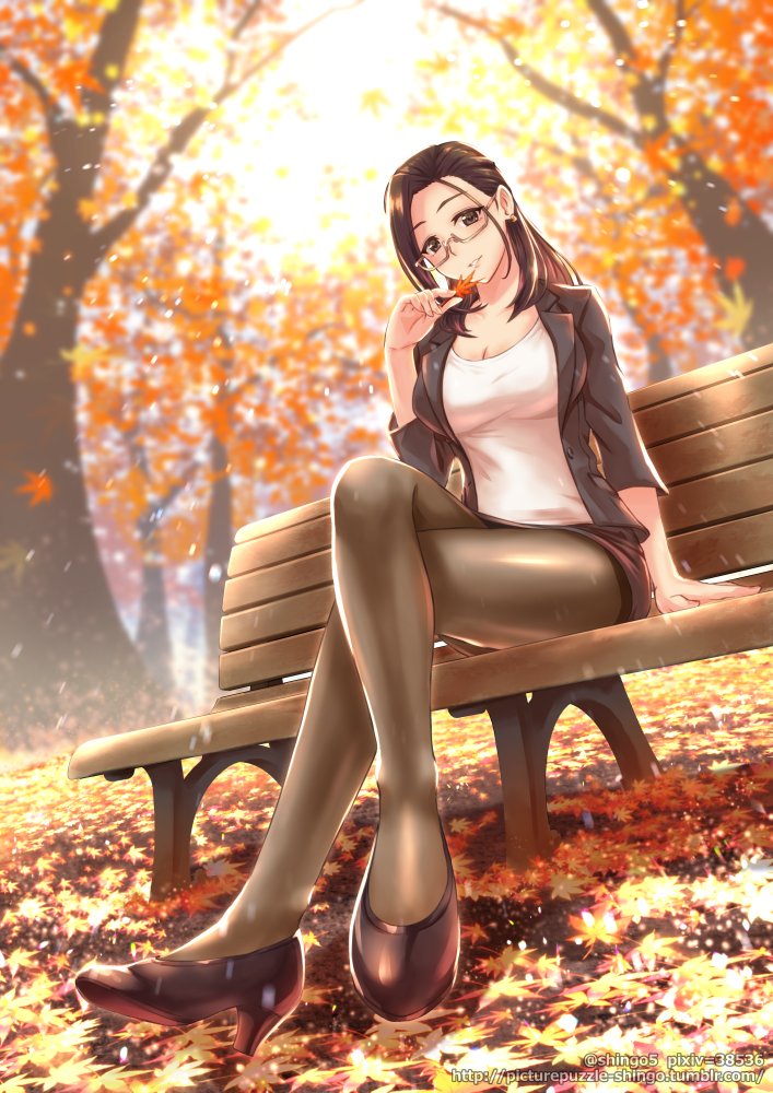 1girl autumn_leaves bangs bench breasts brown_eyes brown_hair crossed_legs day earrings forehead formal glasses high_heels holding holding_leaf jacket jewelry leaf long_hair looking_at_viewer miru_tights okuzumi_yuiko outdoors pantyhose pencil_skirt semi-rimless_eyewear shingo_(picturepuzzle) shirt sitting skirt smile solo teacher tights_day white_shirt