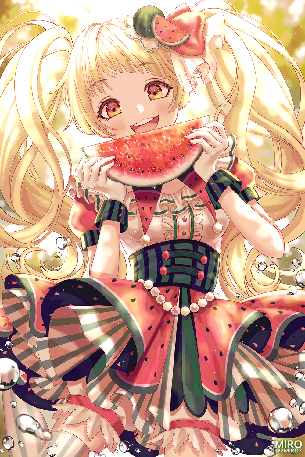1girl alternate_hairstyle artist_name bang_dream! bangs blonde_hair blurry blurry_background blush breasts dress eyebrows_visible_through_hair food food_print food_themed_hair_ornament frilled_dress frills fruit hair_ornament highres holding holding_food holding_fruit jewelry layered_dress layered_skirt light_particles long_hair looking_at_viewer medium_breasts miro multicolored multicolored_clothes multicolored_dress multicolored_skirt open_mouth pearl_(gemstone) short_sleeves skirt solo striped striped_skirt teeth tsurumaki_kokoro twintails twitter_username upper_teeth very_long_hair water_drop watermelon watermelon_hair_ornament watermelon_print watermelon_seeds wrist_cuffs yellow_eyes