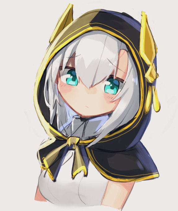 1girl aqua_eyes ars_almal bangs black_capelet blush_stickers breasts capelet closed_mouth cropped_torso daifukumochi_(akaaokiiwo) eyebrows_visible_through_hair grey_background hair_between_eyes hood hood_up hooded_capelet looking_at_viewer medium_breasts nijisanji shirt silver_hair simple_background solo upper_body virtual_youtuber white_shirt