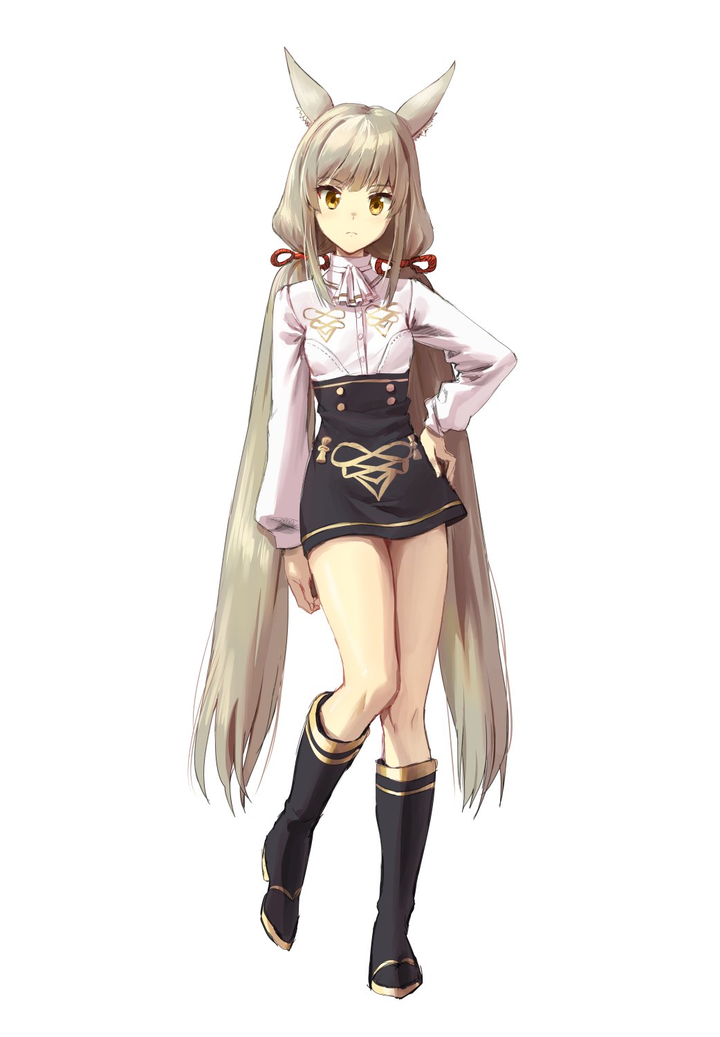 1girl animal_ear_fluff animal_ears athenawyrm bangs black_footwear boots commentary english_commentary eyebrows_visible_through_hair frown full_body hand_on_hip highres knee_boots long_hair long_sleeves looking_at_viewer low_twintails niyah simple_background solo twintails very_long_hair white_background xenoblade_(series) xenoblade_2 yellow_eyes