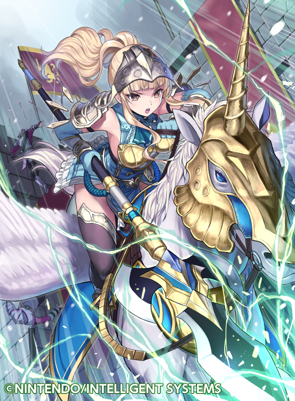1girl armor blonde_hair blue_gloves clair_(fire_emblem) commentary_request company_name elbow_gloves fire_emblem fire_emblem_cipher fire_emblem_echoes:_shadows_of_valentia flag gloves helmet horseback_riding kousei_horiguchi lance long_hair open_mouth pegasus pegasus_knight polearm ponytail riding shoulder_armor solo weapon wings yellow_eyes