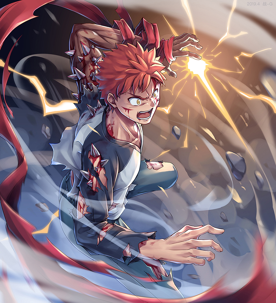 1boy angry bandages blood blood_from_mouth blood_on_face craft_essence emiya_shirou energy fate/stay_night fate_(series) heaven's_feel male_focus orange_hair raglan_sleeves redhead short_hair shroud_of_martin solo solo_focus spikes two-tone_skin yellow_eyes zhandou_greymon