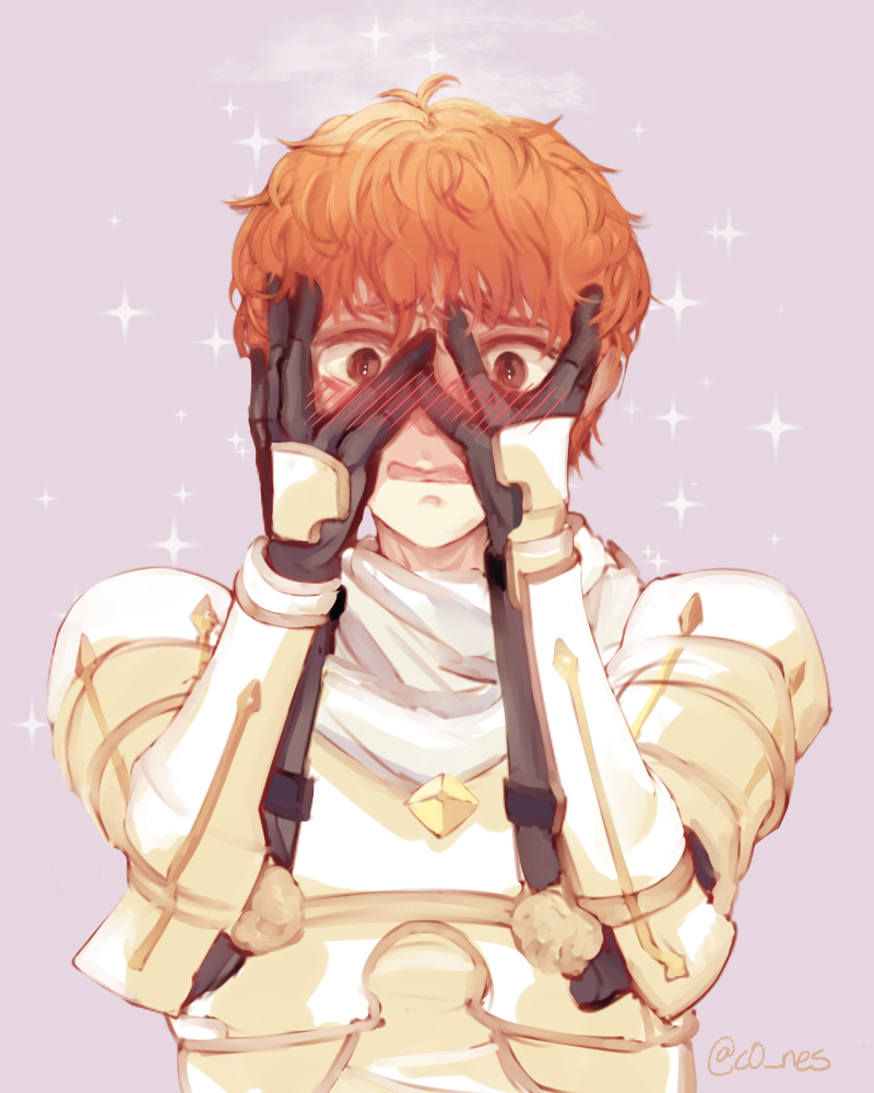 1boy 36996312 armor artist_name blush brown_eyes conrad_(fire_emblem) fire_emblem fire_emblem_echoes:_shadows_of_valentia gloves grey_background open_mouth orange_hair solo sparkle upper_body