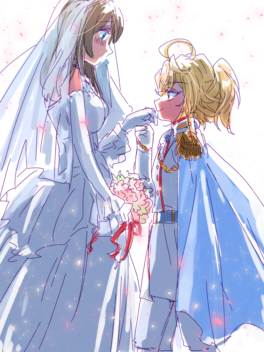 2girls ahoge artist_request blonde_hair blue_eyes bouquet bridal_veil brown_hair cape dress flower hand_kiss highres kiss military military_uniform multiple_girls tanya_degurechaff uniform veil viktoriya_ivanovna_serebryakov wedding wedding_dress white_background white_dress wife_and_wife youjo_senki yuri