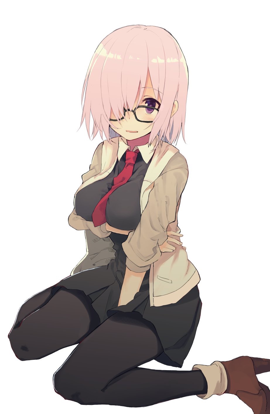 1girl arm_under_breasts bangs between_breasts black-framed_eyewear black_dress black_legwear blush boots breast_hold breasts brown_footwear collared_dress commentary_request dress eyebrows_visible_through_hair fate/grand_order fate_(series) glasses grey_jacket hair_over_one_eye high_heel_boots high_heels highres hood hood_down hooded_jacket jacket large_breasts looking_at_viewer mash_kyrielight mieharu necktie necktie_between_breasts open_clothes open_jacket pantyhose parted_lips pink_hair red_neckwear simple_background sitting solo violet_eyes wariza white_background