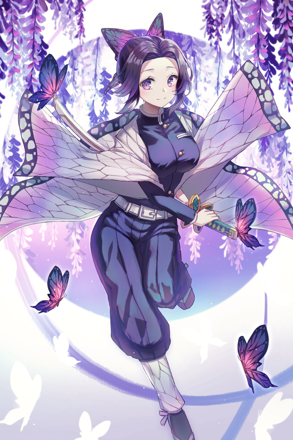 1girl animal bangs belt belt_buckle black_hair black_jacket black_pants breasts buckle bug butterfly butterfly_hair_ornament closed_mouth commentary_request flower forehead gradient_hair hair_ornament highres holding holding_sword holding_weapon insect jacket katana kimetsu_no_yaiba kochou_shinobu long_sleeves looking_at_viewer medium_breasts multicolored_hair open_clothes pants parted_bangs purple_flower purple_hair ruda_(ruda_e) sheath sheathed smile solo standing standing_on_one_leg sword violet_eyes weapon white_belt wide_sleeves wisteria